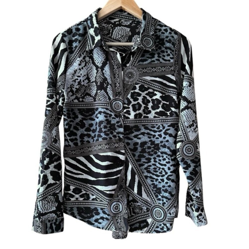 Vintage 90's Y2K Animal Print Button Up Shirt Zebra Leopard Black Grey White - M